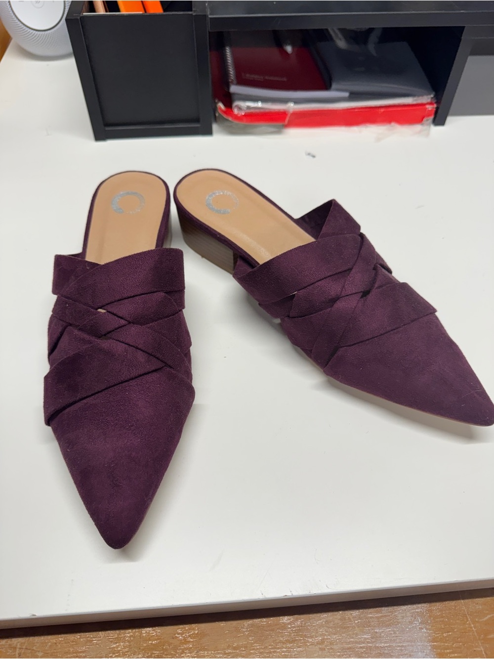Journee Collection Pointed Woven Mule Slides in Plum